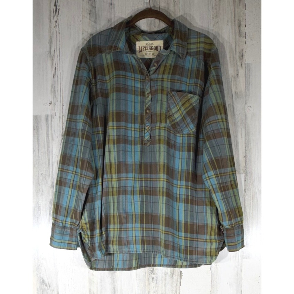 Life is Good Lightweight Flannel Shirt XL Blue Green Plaid Henley Popover Cotton